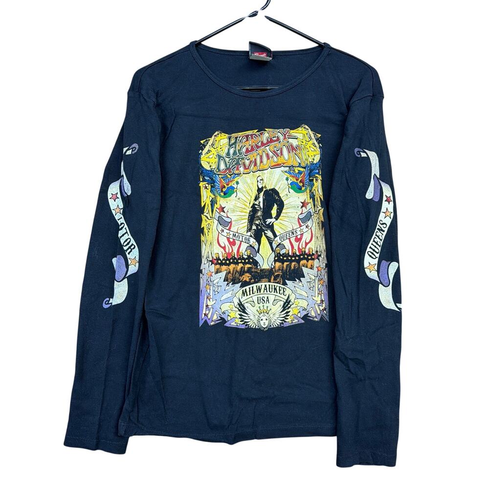 Harley Davidson Womens Tee Black Queens Band Long Sleeve Crew Neck Large